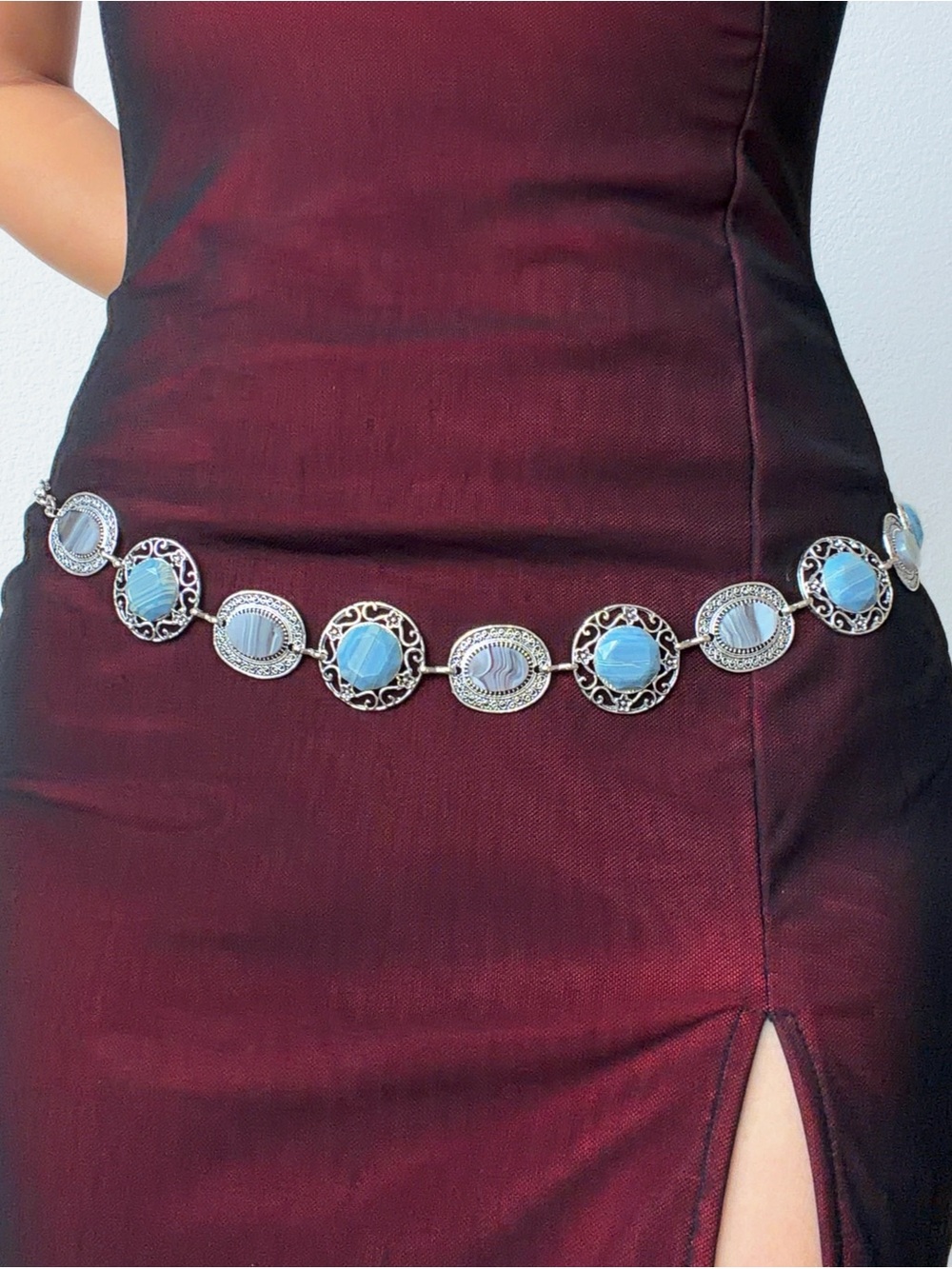 Silver and Blue Gray Gemstone boho floral retro western metal waist body chain